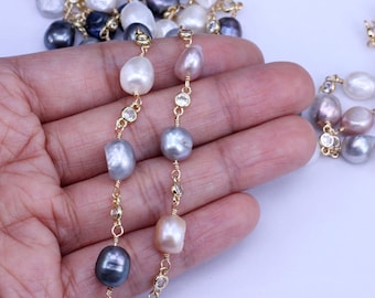 Gold Plated Natural Freshwater Pearl Beaded With Colorful CZ Links Chains Bulk Chain for Jewelry making