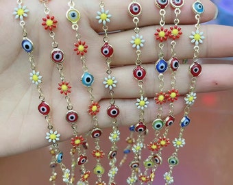 1/3/5 Meter Fashion Enamel Flower and evil eye bead link Chain,Sunflower Chain,for Jewelry making