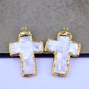 3pcs Gold Plated Edged Mosaic White Shell Cross Pendant for Jewelry Making
