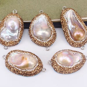 3pcs Baroque Pearl Connector Charm with Gold Rhinestone Paved, Natural Freshwater Pearl Link Charm, Irregular Pearl Charm For Jewelry Making