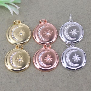 10pcs Round Shape Copper Micro Pave CZ Moon Stars Pendants, CZ Star Moon Pendant, Round Coin Charm For Jewelry Making