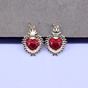 10pcs 18K Gold color Dainty Red Enamel Flame Sacred Heart Charms Pendant,Enamel Milagro Heart Pendant For Jewelry Making