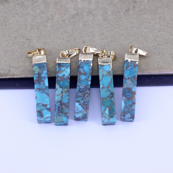 5pcs Gold Plated Blue Copper Turquoise Square Bar Pendants, Turquoise Column Pendants, Rectangle Bar Charm For Jewelry Making