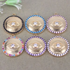 5pcs Fashion Gold Metal Copper Micro Pave CZ Round Shape Evil Eye Pendant Beads For DIY Jewelry Making