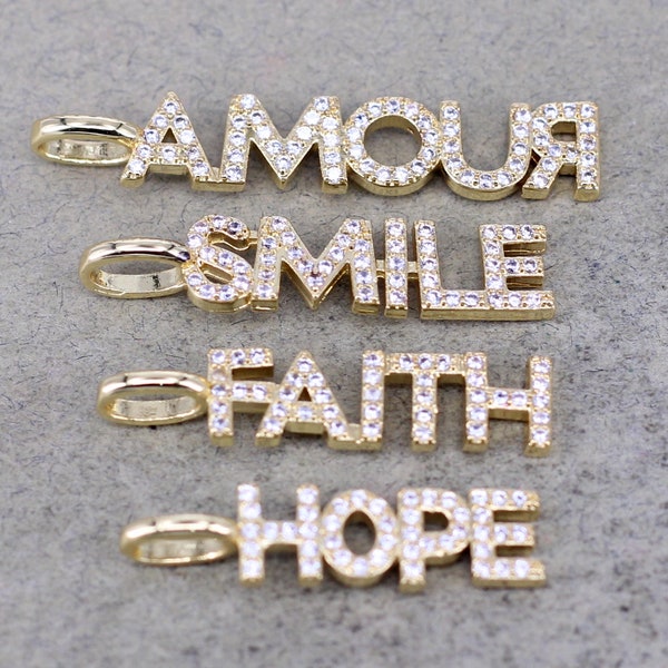 10pcs Gold Filled Micro Paved CZ Letter Charm, Hope Word Charm, Faith Word Charm, Smile Word Charm, Amour Word Charm For Necklace Making