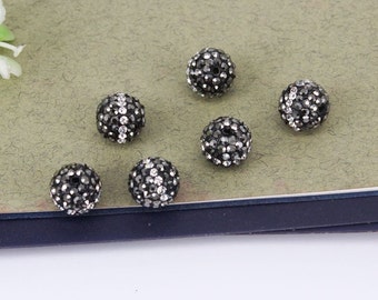 50 cuentas espaciadoras redondas negras de 10 mm, cuentas de discoteca con diamantes de imitación pavé, cuentas redondas de bola de discoteca, cuentas redondas de arcilla para hacer joyas.