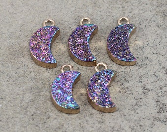 5pcs Titanium Quartz Crescent Moon Druzy Charm in Rainbow Color,Gold Plated Druzy Quartz Moon Charm For Jewelry Making,9x12mm