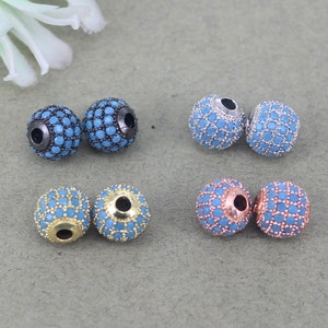 10 peças de contas soltas espaçadoras de zircônia cúbica azul, formato redondo, 6/8/10 mm, metal cobre, micro pavê, conector para fabricação de joias