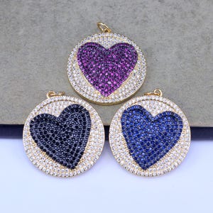 5 stks goud en zwart toon micro verharde zirkonia ronde vorm hart hanger ketting voor doe-het-zelf sieraden, 25 mm