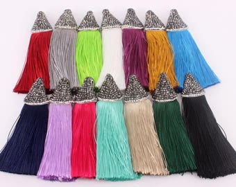 10pcs Fashion Mix color Silk Tassels,Handmade Tassel Pendant,Pave Rhinestone Cap Silk Tassel For Jewelry Making