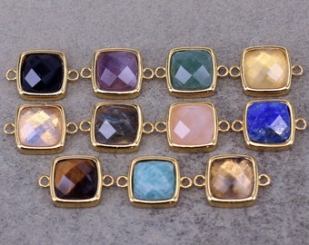 5pcs Gold Filled Natural Stone Square Connector Charm,Faceted Gemstone Charm, 11.5x11.5mm