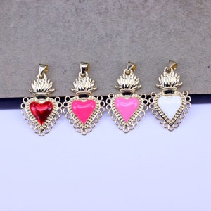 10pcs Dainty Enamel Flame Sacred Heart Charms, Gold Flaming Heart Charms, Milagro Heart Pendant For Jewelry Making,17x24mm