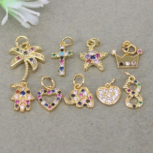 10pcs Mix Style Micro Pave CZ Cross,Coconut Trees,Starfish,Heart,Palm,Crown,Elephant,Infinity Charms For Jewelry Making