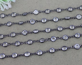 6mm Black Plated Round Faceted Glass Beaded Chain, Bezel Connector Chain, Bezel Link Chain, Wire Wrapped Beaded Chain for Jewelry Making