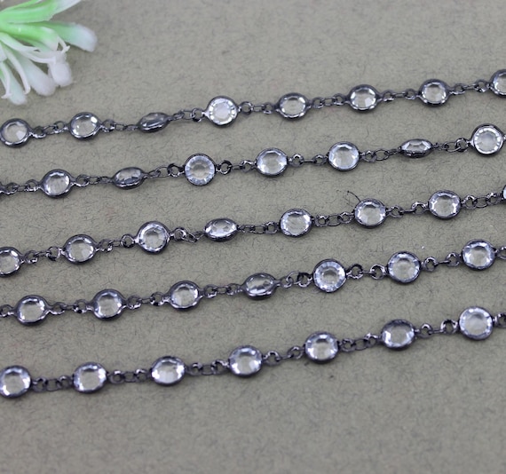 6mm Black Plated Round Faceted Glass Beaded Chain, Bezel Connector Chain, Bezel Link Chain, Wire Wrapped Beaded Chain for Jewelry Making