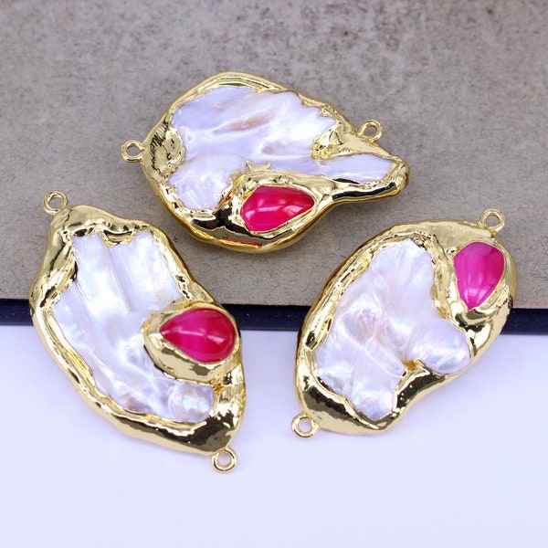 3pcs Gold Plated Irregular Baroque Pearl Connector with Red Cat's Eye Stone Paved, Natural Freshwater Pearl Link Charm for Jewelry Making