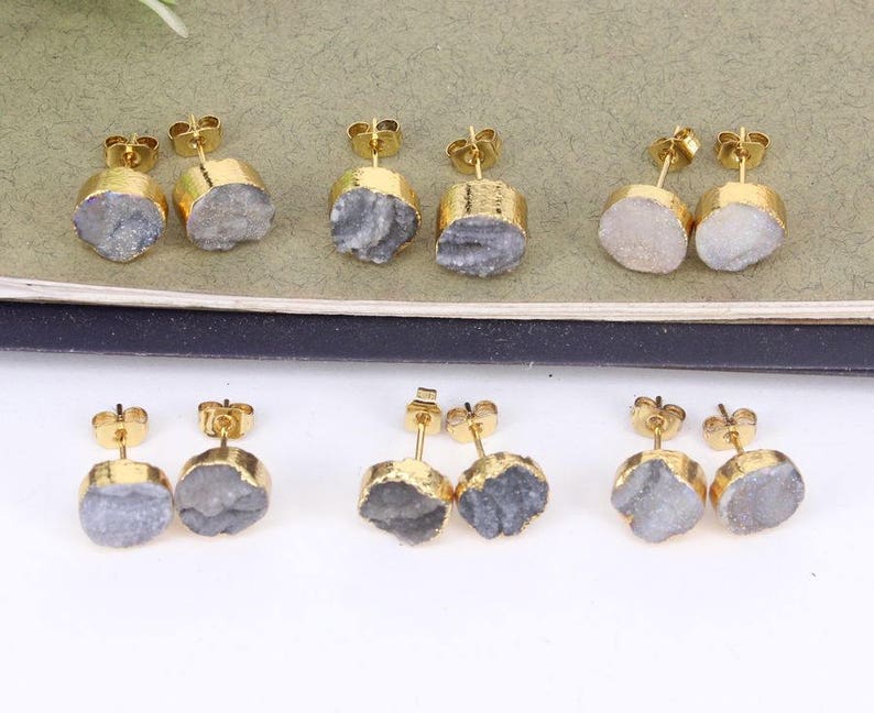 5 Pairs 9mm Natural Druzy Sun Agate Stud Earrings,Fashion Druzy Gemstone Stud Earrings,Gold Plated Druzy Earrings