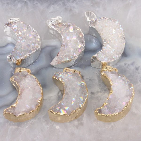 5pcs Nature AB Quartz Gemstone Crescent pendant,Gold Silver plated Druzy Quartz Moon pendant For Jewelry Making