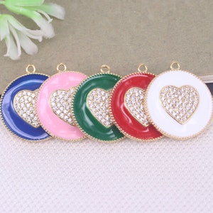 5-10 stks Goud Metaal Koper Emaille Ronde Vorm Hart Hanger Verharde Zirconia Voor Sieraden Maken