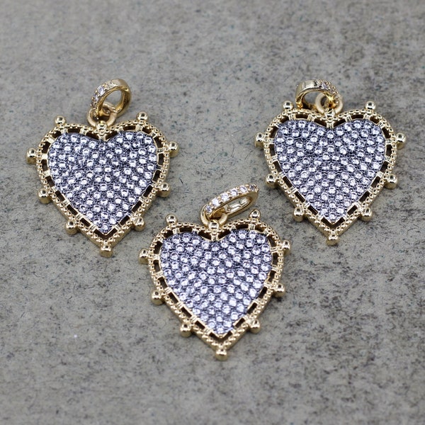 5 / 10pcs Micro Paved CZ Fancy Heart Pendant,Vintage Style Antique Charm,2 Tone Sunburst Hearts Love for Minimalist Jewelry Supply,18x19mm