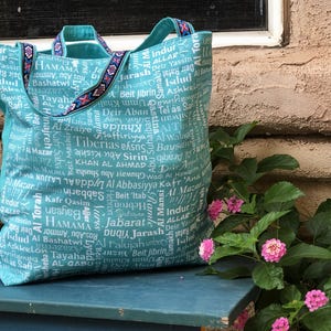 Palestine Towns and Villages Tote Bag; Nakba Villages Tote; Aqua Palestine Carry Bag; Lost Palestinian Villages; Free Palestine Tote Bag