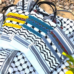 Keffiyeh Crossbody Bag; Mini Cross-body Bag; Three Zipper Pockets Crossbody; Palestinian Kufiya Bag;  Black-and-White Shami Kufiyyeh Bag