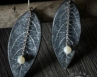 Honeysuckle Leaf imprint Apoxie Sculpt and  Fresh Water Pearl Earrings
