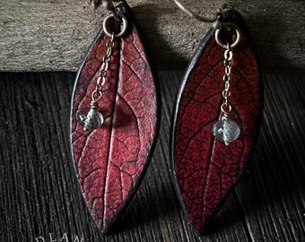 Red Honeysuckle Leaf imprint Apoxie Sculpt and Moss Aquamarine Earrings