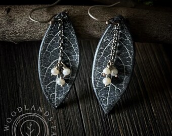 Honeysuckle Leaf imprint Apoxie Sculpt and Fresh Water Pearl Earrings