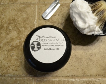 PleaseShave Ultra-Rich Lather Shave Soap With Hemp Oil (Old Sawmill "Wood Shop" Scent)