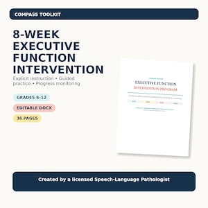 Op de afbeelding: Een digitaal document getiteld 8-WEEK EXECUTIVE FUNCTION INTERVENTION, met expliciete instructies, begeleide oefeningen en voortgangsmonitoring. Het is voor groep 6-12, bevat 36 pagina's, is een bewerkbaar DOCX-bestand en is gemaakt door een logopedist.