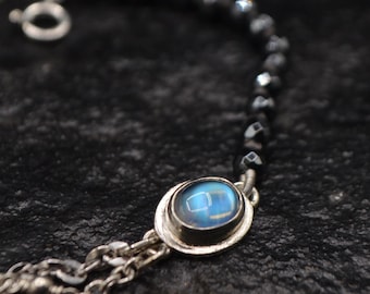 925 silver bracelet with labradorite and hematite, double chain bracelet, natural stone, design cuff, rainbow stone, handmade in Italy