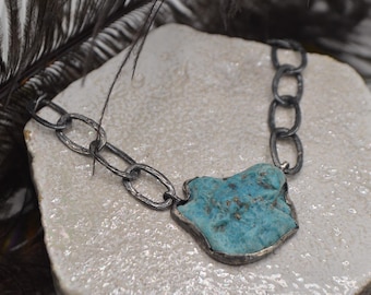 Maxi necklace with raw turquoise and oxidized 925 silver chain, statement rustic necklace, native Indian, Viking, blue stone, handmade Italy