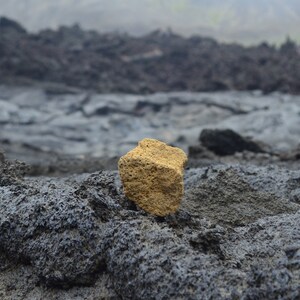 May include: A single, rough, light brown rock sits on a bed of dark gray volcanic rock.