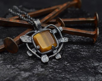 Tiger eye necklace, 925 silver, men necklace, men pendant, gift for him, silver chain necklace, oxidized silver, rustic pendant, made Italy