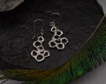 Rustic earrings in925 silver, silver bubbles, liquid effect silver, dangling abstract and lightweight earrings with hook, handmade Italy