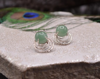 925 silver and aventurine earrings, geometric and abstract earring, green cabochon stone, pin and butterfly, handmade in Italy