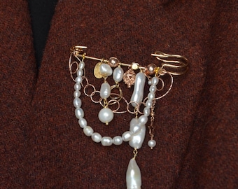 Brooch with 925 silver pendants and freshwater pearls, jacket or scarf modern brooch, decorative shirt brooch, handmade in Italy