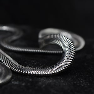 Könnte beinhalten: Eine silberfarbene Schlangenkette mit einem flachen, flexiblen und ineinandergreifenden Glieddesign. Die metallische Oberfläche hat ein poliertes Finish, das Licht reflektiert und ein glattes, durchgehendes und segmentiertes Erscheinungsbild erzeugt.