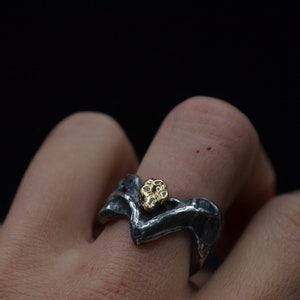 925 silver ring, 18 kt gold ring, rustic ring, brutalist ring, gold nugget ring, Iceland ring, gothic ring, Iceland jewels, handmade, Italy