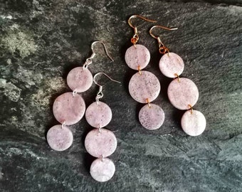 Triple circle drop earrings in rose quartz polymer clay with 24k gold- or silver leaf, Choose sterling silver or gold plated sterling silver