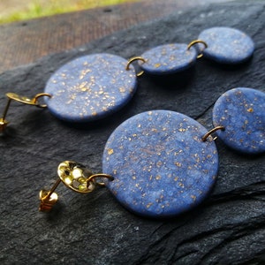 Sky Blue Polymer Clay Earrings: Gold Leaf Triple Circle Drop