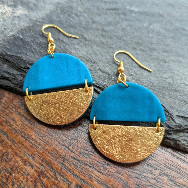 Handmade peacock-blue and gold split-circle Statement dangle Polymer clay earrings, 24k gold leaf and lightweight shimmery clay