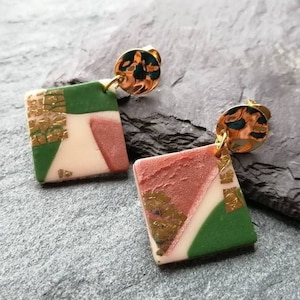 Terrazzo and Gold Polymer Clay earrings in beige, sage and blush with 24k gold leaf