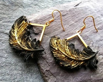 Handmade polymer clay baroque feather earrings in jet black with gold-dust, Vegan friendly hypoallergenic earrings