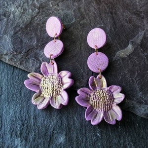 Handmade Lavender Colour Blossom Drop Earrings: Gold Dust Polymer Clay