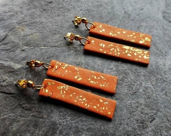 Smart gold speckled drop earrings in orange, Handmade Polymer clay earrings in pumpkin orange, the perfect autumnal jewellery