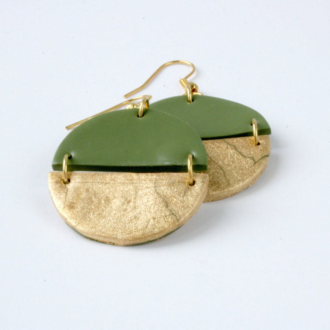 Olive Green and Gold Split Circle Polymer Clay Earrings Etsy