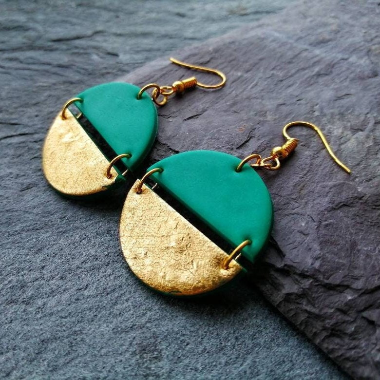 Tear and Laugh Bronze Emerald Polymer Clay Earrings