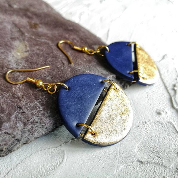 Navy blue and gold Statement Polymer clay earrings, 24k Gold leaf split circle earrings, Upgrade to 9k gold plated Sterling silver hooks